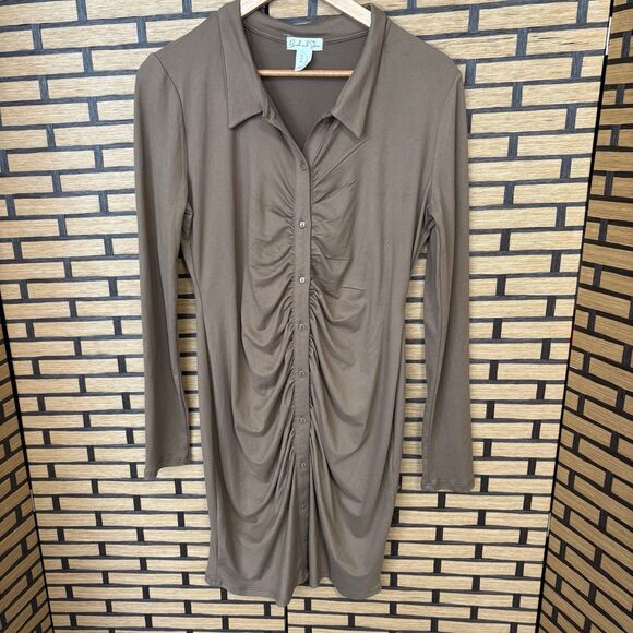 Birch‎ And Stone Greenish/Brown Button Front Ruched Long Sleeve Dress Size Large - Picture 1 of 7